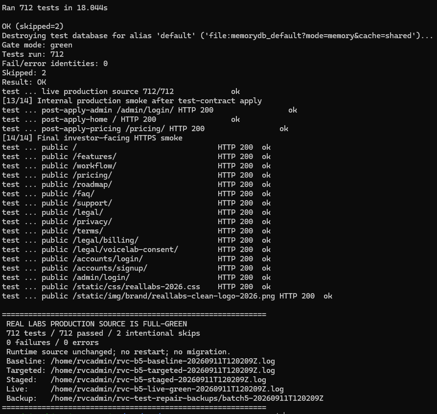 Production verification showing 712 passing tests and smoke checks
