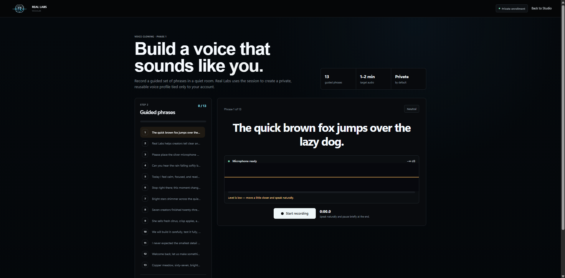 VoiceLab private voice enrollment interface